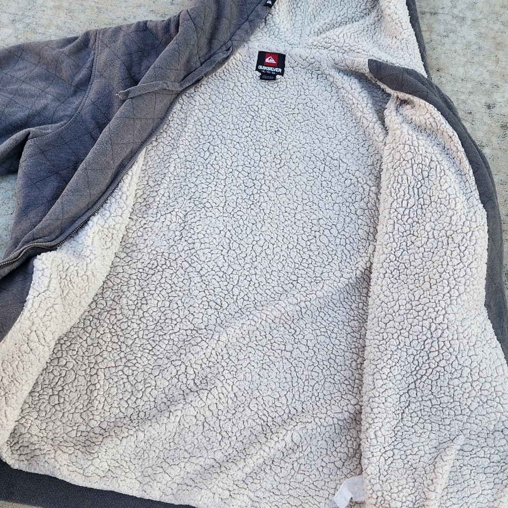 Y2K Quicksilver Gray Quilted Men's Zip Up Hoodie Sherpa Lined Jacket, Sz XL - Picture 6 of 9